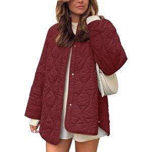 Women's Clothes Jacket Puffer Wine Red Zip Pocket Button Down Padded Outerwear